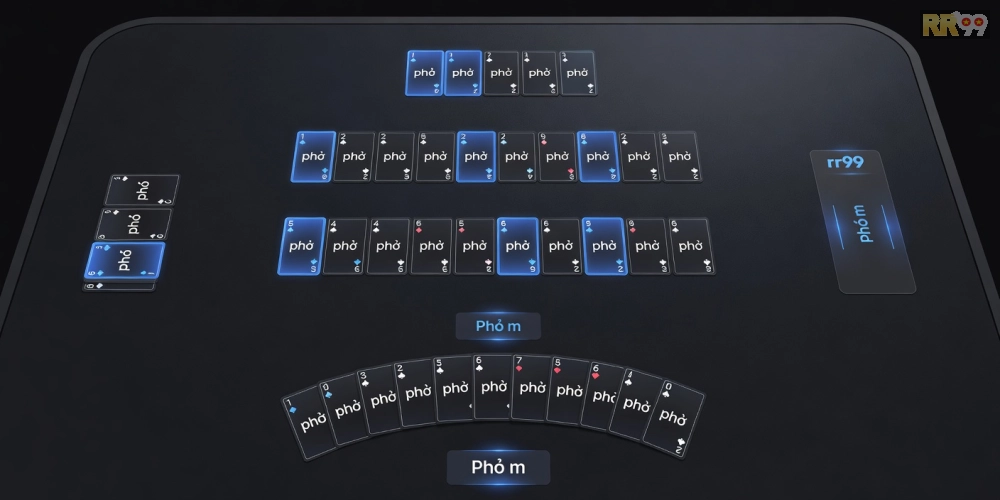 Minh họa trò chơi Phỏm trên nền tảng rr99 với các lá bài sắp xếp chiến lược