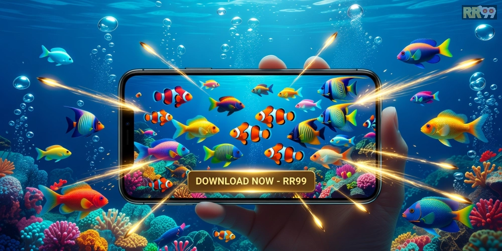 Giao diện tải game bắn cá online rr99 với hình ảnh cá sôi động và nút tải nhanh