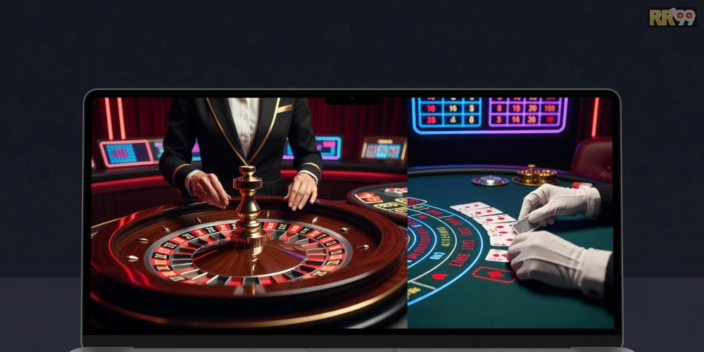 Giao diện top live casino rr99 với các trò chơi roulette và baccarat đang phát trực tiếp