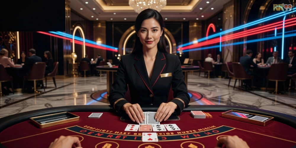 Minh họa khái niệm trực tiếp casino rr99 với dealer chuyên nghiệp và bàn chơi sôi động